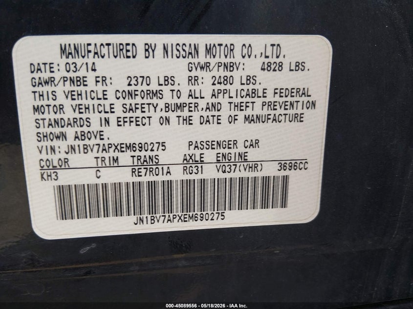 2014 Infiniti Q50 VIN JN1BV7APXEM690275 IAAI salvage auction — SIDE, Clear (Oklahoma), sold $1,300 on 2026-10-04 (photo 9)