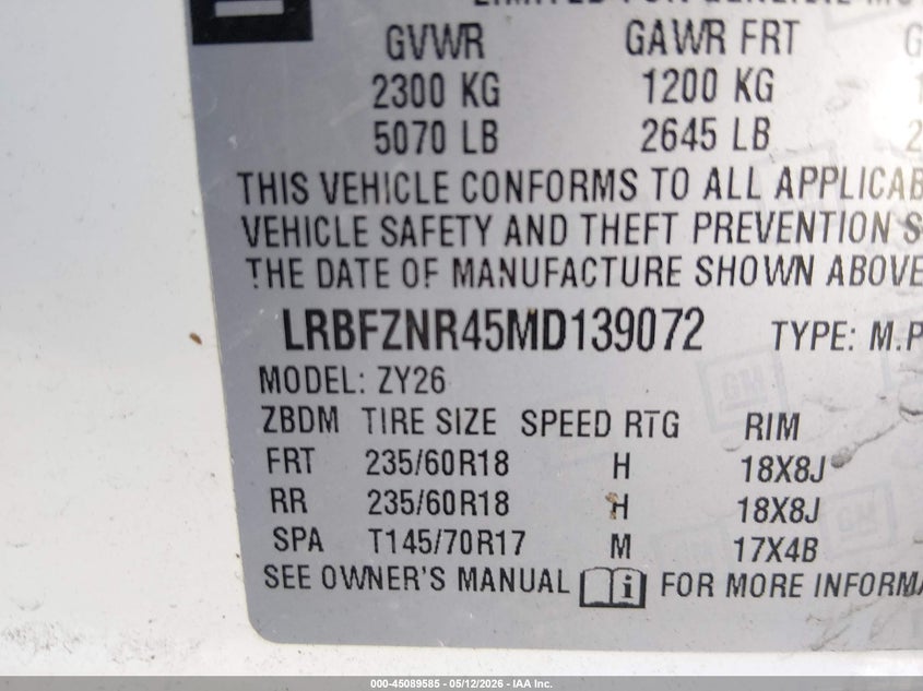 2021 Buick Envision VIN LRBFZNR45MD139072 IAAI salvage auction — RIGHT FRONT, Salvage (Arizona), sold $925 on 2026-07-29 (photo 9)