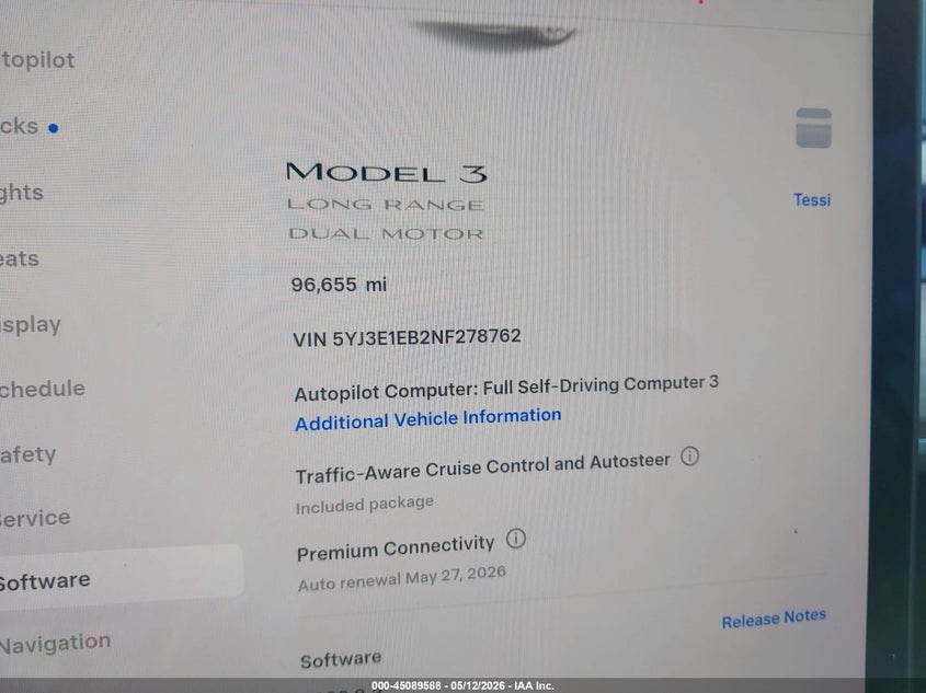 2022 Tesla Model 3 VIN 5YJ3E1EB2NF278762 IAAI salvage auction — SIDE, Salvage Title, sold $575 on 2026-07-28 (photo 7)