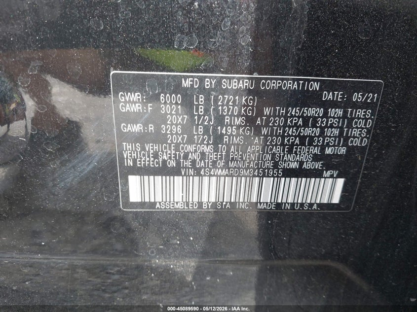 2021 Subaru Ascent VIN 4S4WMARD9M3451955 IAAI salvage auction — FRONT END, Salvage (Georgia), sold $6,100 on 2026-07-23 (photo 9)
