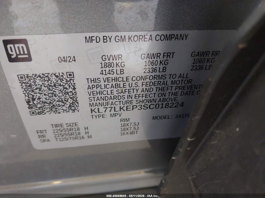 2025 Chevrolet Trax VIN KL77LKEP3SC018224 IAAI salvage auction — FRONT END, Scrap (Michigan), sold $2,650 on 2026-07-28 (photo 9)