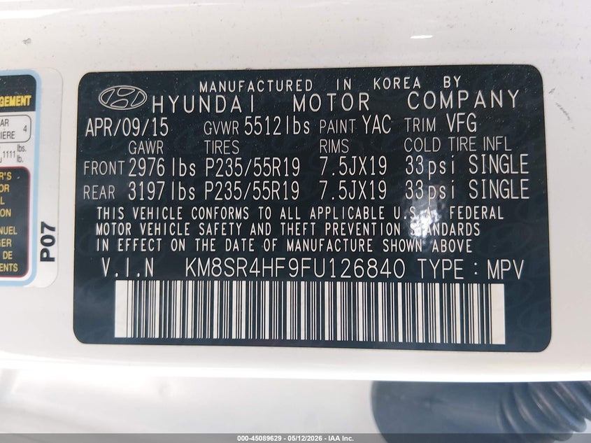 2015 Hyundai Santa fe VIN KM8SR4HF9FU126840 IAAI salvage auction — RIGHT FRONT, Salvage (Illinois), sold $2,650 on 2026-07-14 (photo 9)