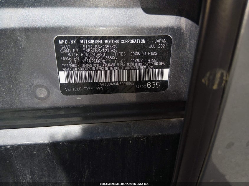 2022 Mitsubishi Outlander VIN JA4J3UA8XNZ028862 IAAI salvage auction — FRONT END, Salvage (Missouri), sold $5,200 on 2026-07-07 (photo 9)