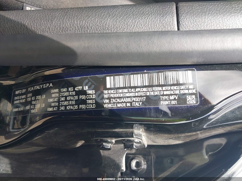 2020 Jeep Renegade VIN ZACNJAAB8LPK93117 IAAI salvage auction — LEFT REAR, Original (Texas), sold $1,550 on 2026-07-16 (photo 9)