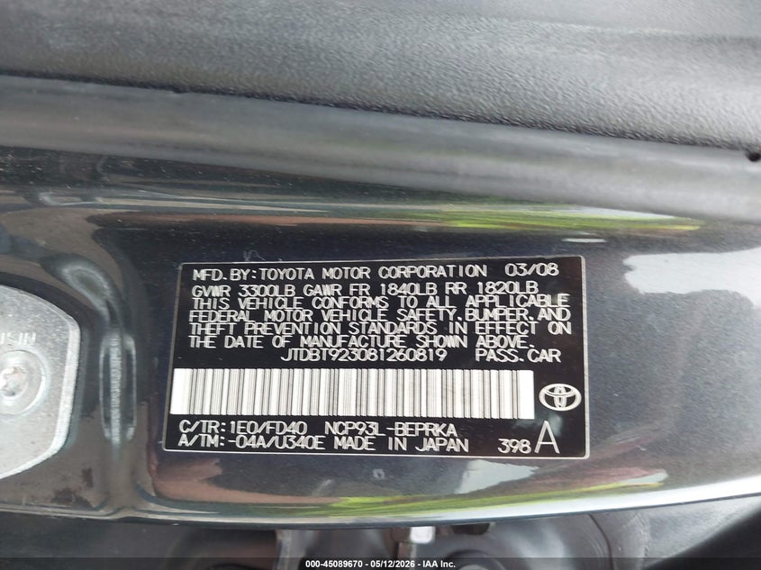 2008 Toyota Yaris VIN JTDBT923081260819 IAAI salvage auction — FRONT END, Clear (Indiana), sold $25 on 2026-07-21 (photo 9)