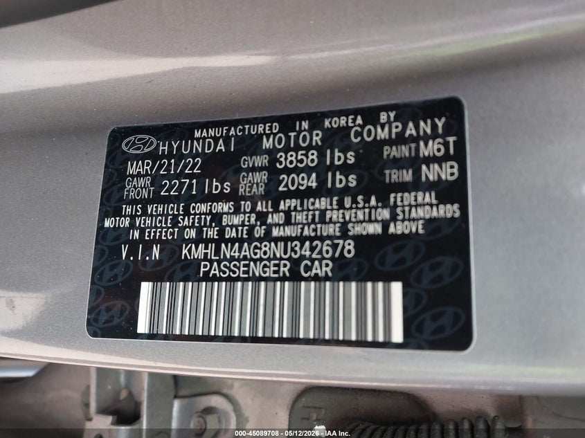 2022 Hyundai Elantra VIN KMHLN4AG8NU342678 IAAI salvage auction — FRONT END, Salvage (North Carolina), sold $3,100 on 2026-07-30 (photo 9)