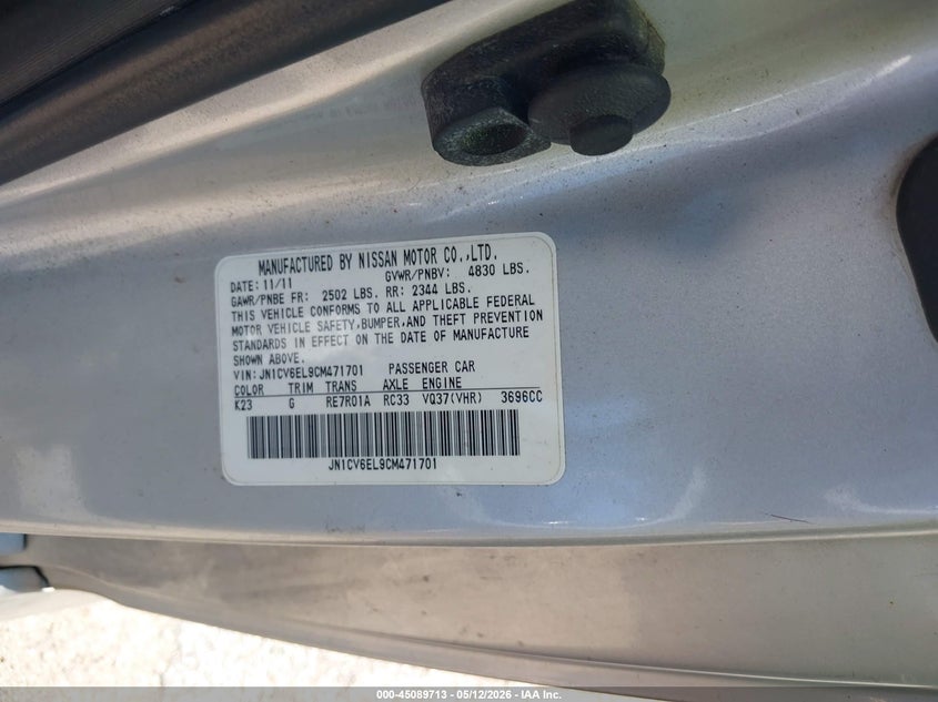 2012 Infiniti G VIN JN1CV6EL9CM471701 IAAI salvage auction — FRONT END, Salvage (Texas), sold $1,500 on 2026-07-15 (photo 9)
