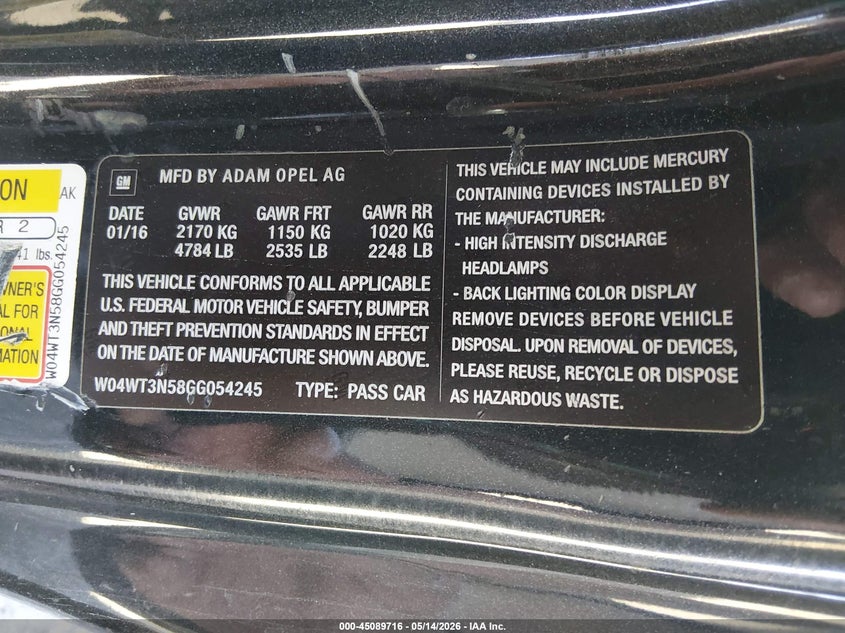 2016 Buick Cascada VIN W04WT3N58GG054245 IAAI salvage auction — RIGHT FRONT, Salvage (Illinois), sold $2,250 on 2026-07-15 (photo 9)