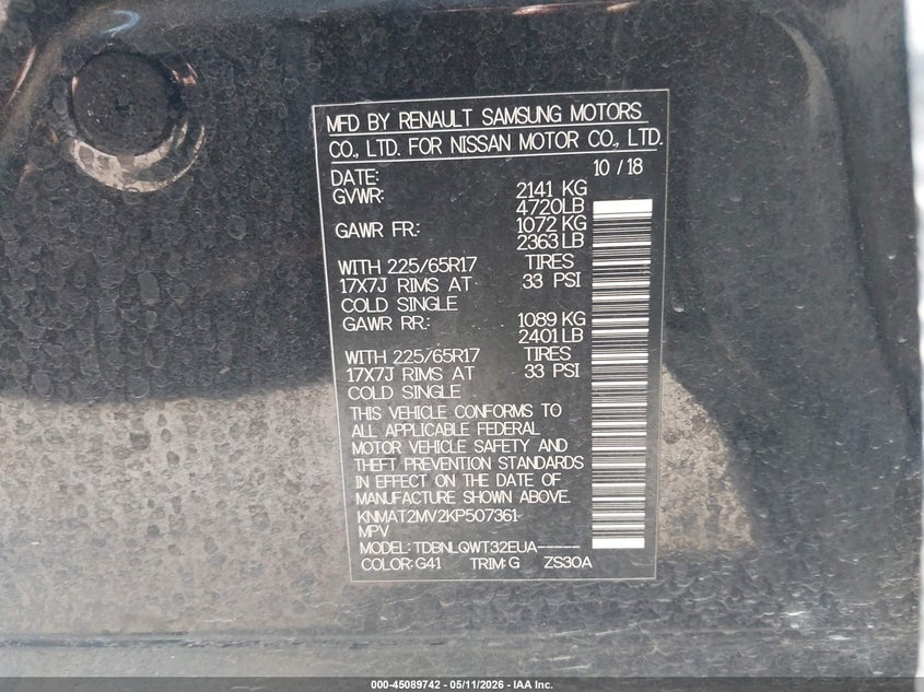 2019 Nissan Rogue VIN KNMAT2MV2KP507361 IAAI salvage auction — LEFT FRONT, Original (Texas), sold $3,150 on 2026-07-15 (photo 9)