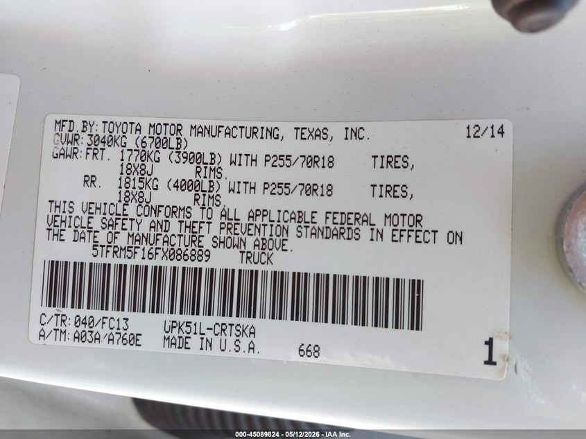 2015 Toyota Tundra VIN 5TFRM5F16FX086889 IAAI salvage auction — FRONT END, Salvage (Alabama), sold $4,625 on 2026-07-15 (photo 9)
