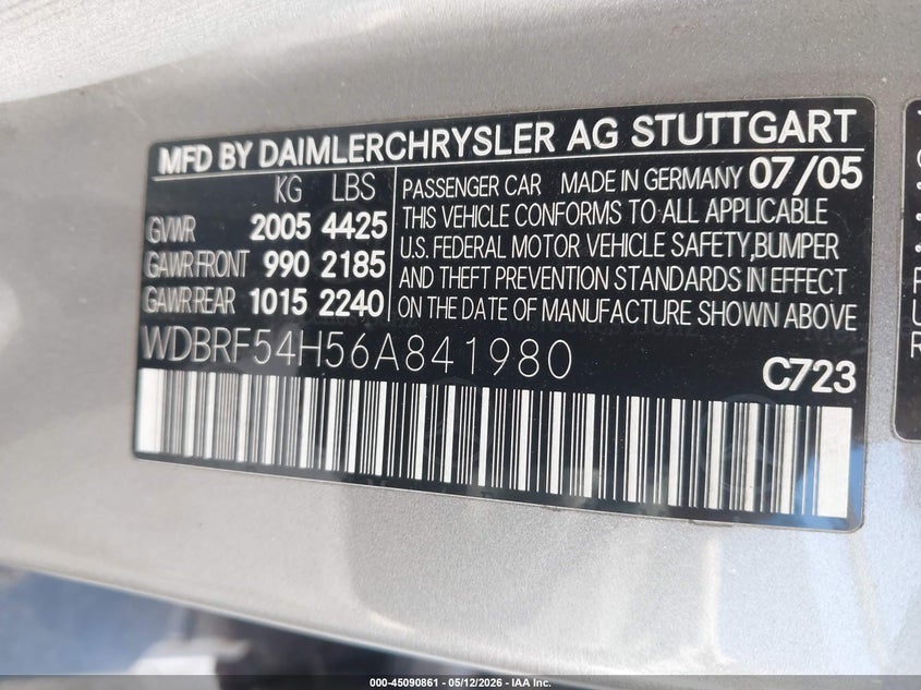2006 Mercedes-benz C-klasse VIN WDBRF54H56A841980 IAAI salvage auction — NORMAL WEAR, Salvage (California), sold $300 on 2026-08-27 (photo 9)