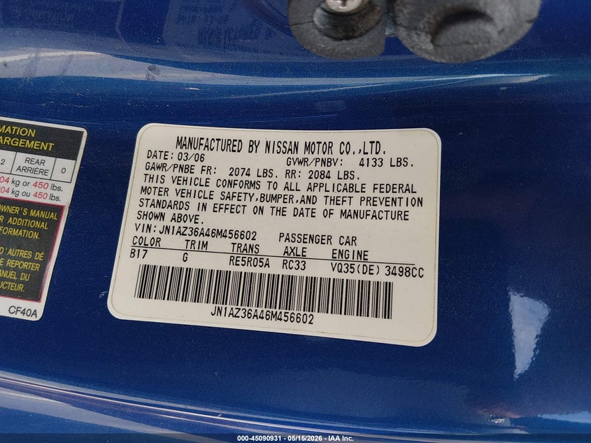 2006 Nissan 350z VIN JN1AZ36A46M456602 IAAI salvage auction — FRONT END, Salvage (Mississippi), sold $1,650 on 2026-07-23 (photo 9)
