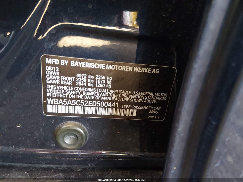 2014 BMW 5er VIN WBA5A5C52ED500441 IAAI salvage auction — FRONT END, Salvage (Arizona), sold $225 on 2026-07-28 (photo 9)