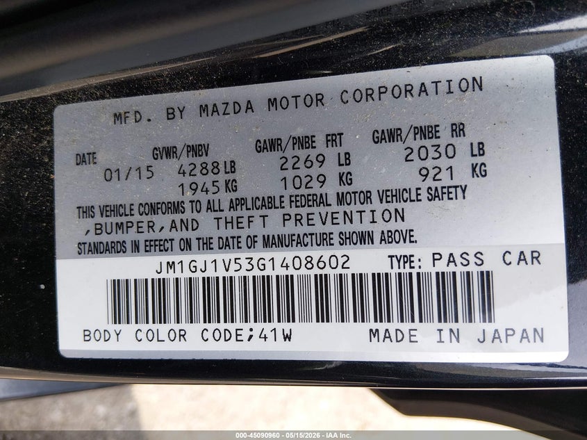 2016 Mazda 6 VIN JM1GJ1V53G1408602 IAAI salvage auction — LEFT FRONT, Salvage (Tennessee), sold $675 on 2026-07-28 (photo 9)