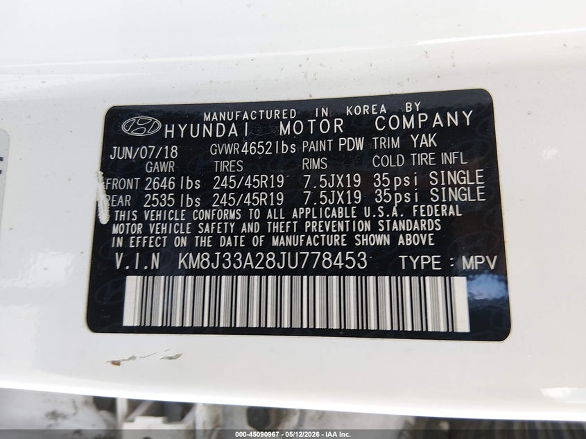 2018 Hyundai Tucson VIN KM8J33A28JU778453 IAAI salvage auction — REAR END, Original (Texas), sold $4,000 on 2026-07-10 (photo 9)