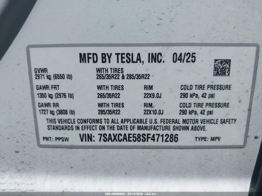2025 Tesla Model x VIN 7SAXCAE58SF471286 IAAI salvage auction — FRONT END, Clear (New Jersey), sold $25,250 on 2026-07-15 (photo 9)