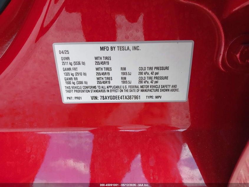 2026 Tesla Model y VIN 7SAYGDEE4TA387961 IAAI salvage auction — FRONT END, Rebuildable (Florida), sold $21,200 on 2026-07-23 (photo 9)