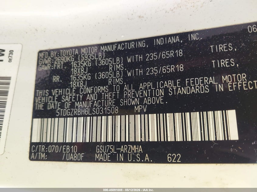 2020 Toyota Highlander VIN 5TDGZRBH6LS031508 IAAI salvage auction — RIGHT SIDE, Original (Texas), sold $13,750 on 2026-07-23 (photo 9)