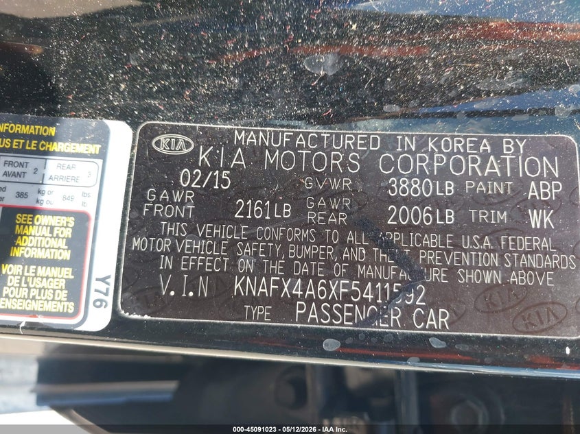 2015 Kia Forte VIN KNAFX4A6XF5411592 IAAI salvage auction — FRONT END, Original (Texas), sold $25 on 2026-07-22 (photo 9)