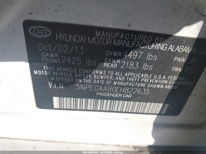 2014 Hyundai Sonata VIN 5NPEC4AB0EH822635 IAAI salvage auction — FRONT END, Clear (Florida), sold $325 on 2026-07-14 (photo 9)