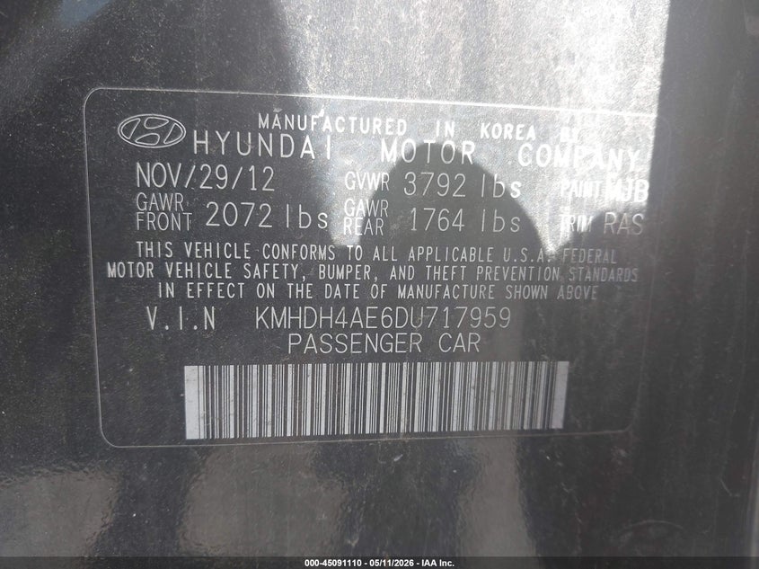 2013 Hyundai Elantra VIN KMHDH4AE6DU717959 IAAI salvage auction — NORMAL WEAR, Original (Ohio), sold $400 on 2026-07-29 (photo 9)