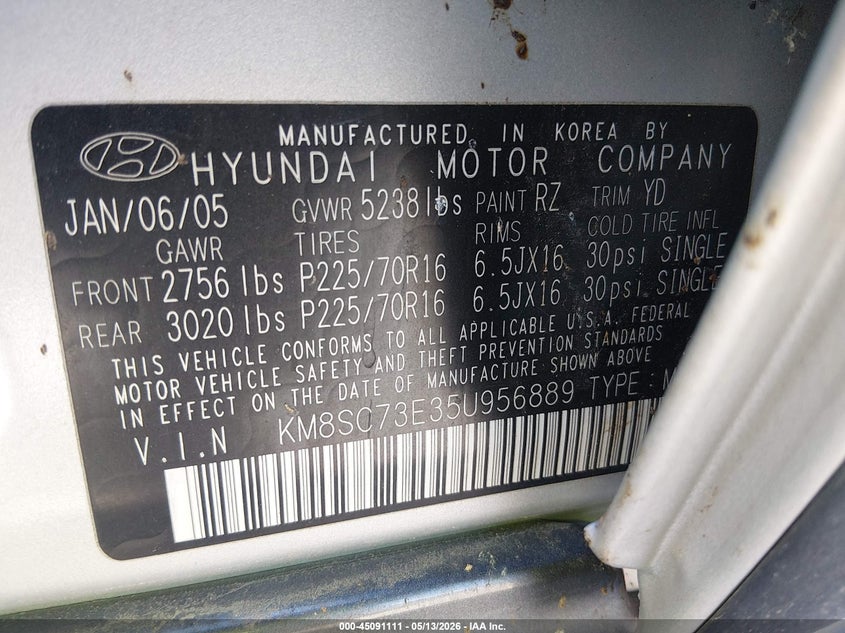 2005 Hyundai Santa fe VIN KM8SC73E35U956889 IAAI salvage auction — NORMAL WEAR, Regular (Nevada), sold $875 on 2026-07-17 (photo 9)