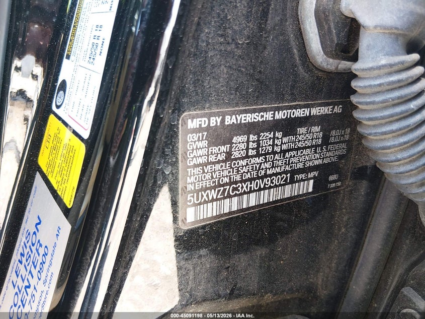 2017 BMW X3 VIN 5UXWZ7C3XH0V93021 IAAI salvage auction — FRONT END, Salvage Title, sold $25 on 2026-07-30 (photo 9)
