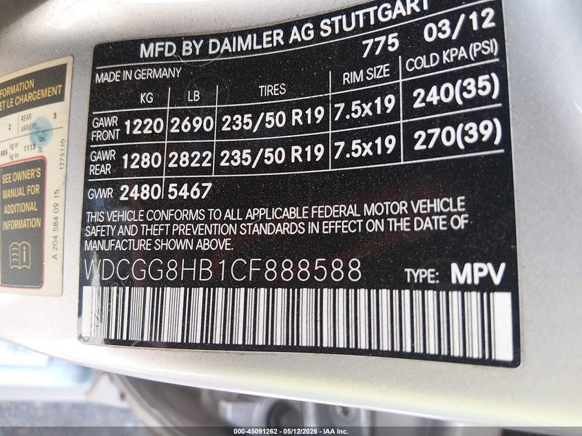 2012 Mercedes-benz Glk-klasse VIN WDCGG8HB1CF888588 IAAI salvage auction — SIDE, Salvage (Colorado), sold $1,500 on 2026-08-11 (photo 9)