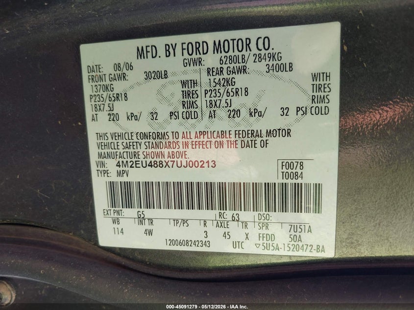 2007 Mercury Mountaineer VIN 4M2EU488X7UJ00213 IAAI salvage auction — LEFT REAR, Original (Texas), sold $25 on 2026-07-27 (photo 9)