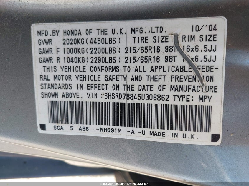 2005 Honda Cr-v VIN SHSRD78845U306862 IAAI salvage auction — LEFT REAR, Clear (Montana), sold $825 on 2026-07-09 (photo 9)