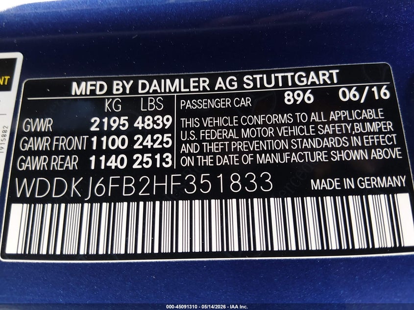 2017 Mercedes-benz E-klasse VIN WDDKJ6FB2HF351833 IAAI salvage auction — LEFT FRONT, Original (Texas), sold $2,950 on 2026-08-10 (photo 9)