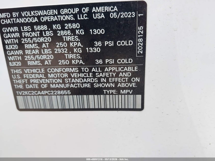 2023 Volkswagen Atlas cross sport VIN 1V2KC2CA4PC228655 IAAI salvage auction — HAIL, Salvage (Ohio), sold $13,000 on 2026-07-14 (photo 9)