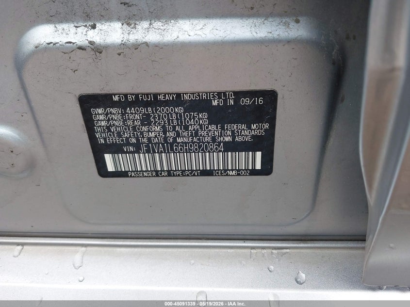 2017 Subaru Wrx VIN JF1VA1L66H9820864 IAAI salvage auction — HAIL, Clear (Wisconsin), sold $1,250 on 2026-07-29 (photo 9)