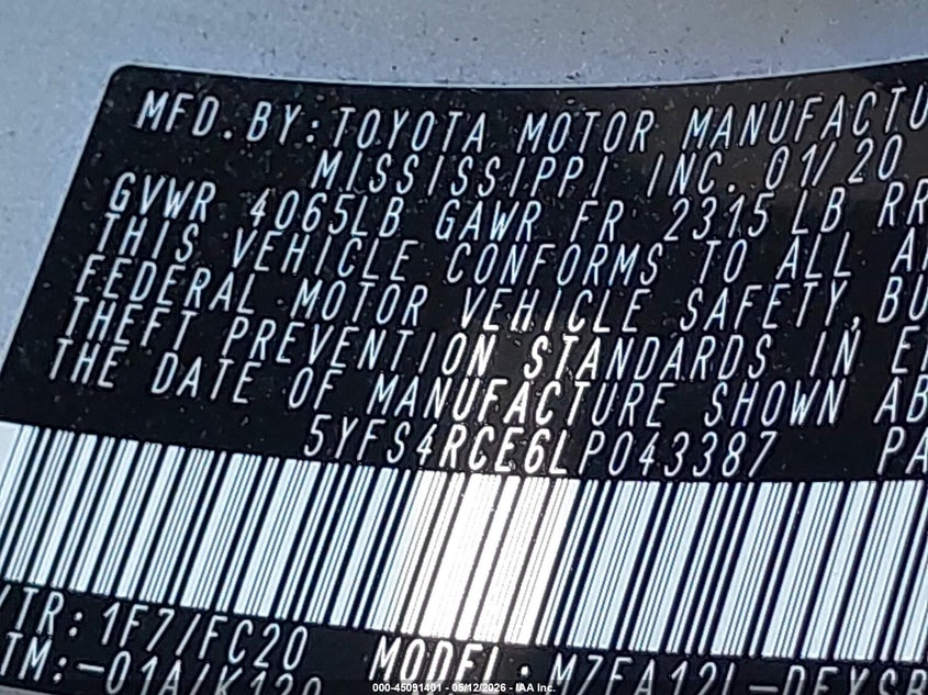 2020 Toyota Corolla VIN 5YFS4RCE6LP043387 IAAI salvage auction — NORMAL WEAR, Clear (New York), sold $3,500 on 2026-07-28 (photo 9)