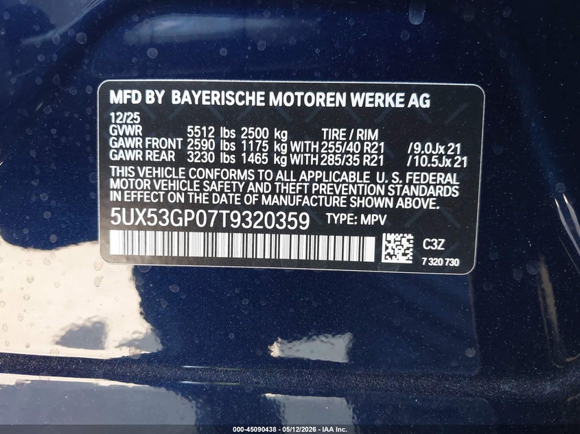 2026 BMW X3 VIN 5UX53GP07T9320359 IAAI salvage auction — REAR END, Salvage Title, sold $27,250 on 2026-08-01 (photo 9)