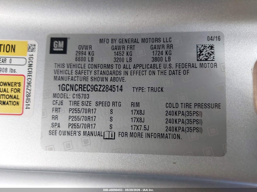 2016 Chevrolet Silverado VIN 1GCNCREC9GZ284514 IAAI salvage auction — FRONT END, Salvage (California), sold $10,250 on 2026-07-09 (photo 9)