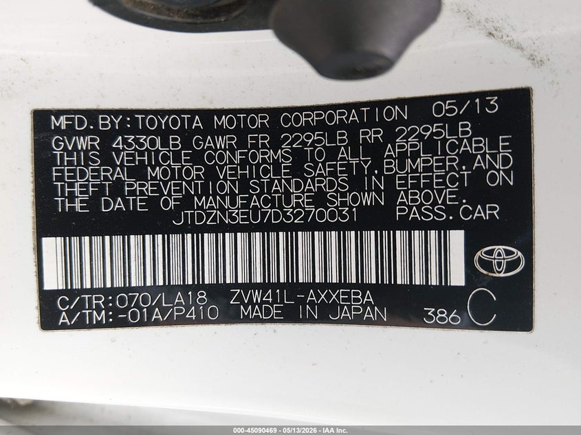 2013 Toyota VIN JTDZN3EU7D3270031 IAAI salvage auction — SIDE, Salvage (Oregon), sold $2,500 on 2026-07-20 (photo 9)