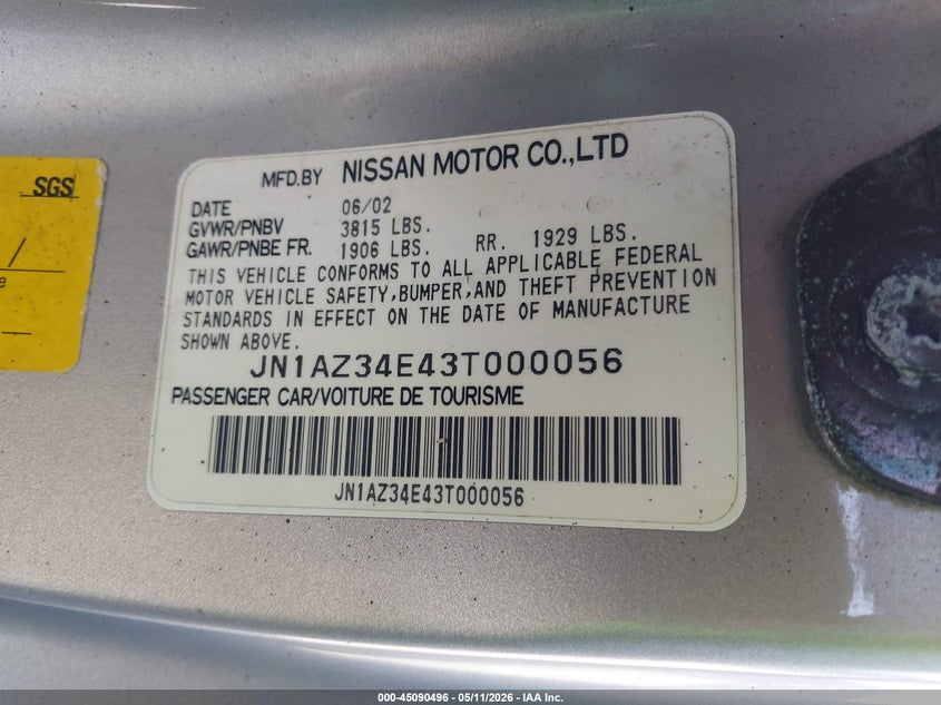 2003 Nissan 350z VIN JN1AZ34E43T000056 IAAI salvage auction — FRONT END, Salvage (California), sold $225 on 2026-07-29 (photo 9)