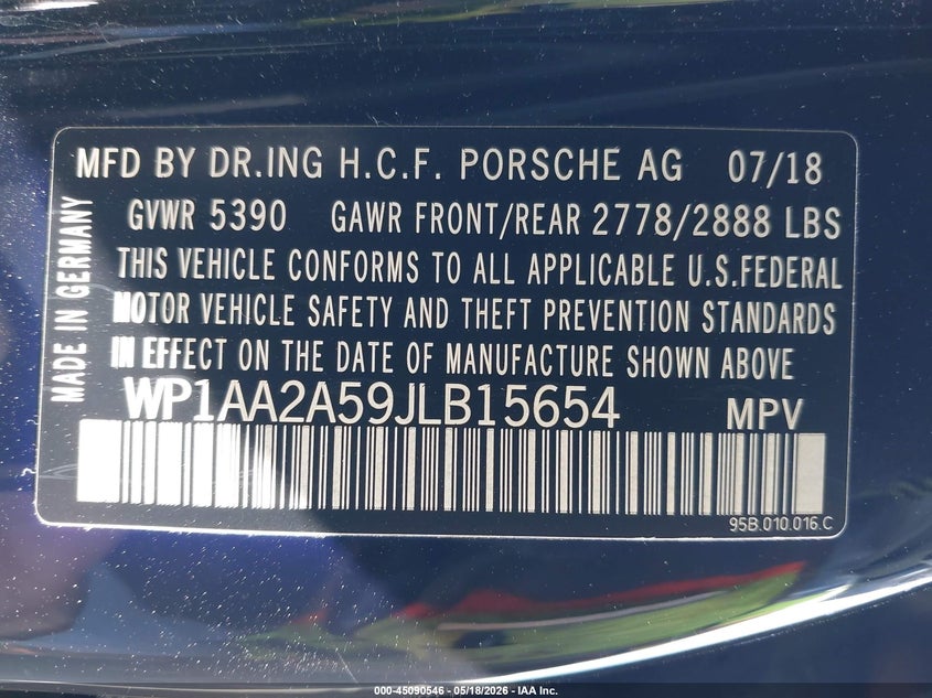 2018 Porsche Macan VIN WP1AA2A59JLB15654 IAAI salvage auction — RIGHT SIDE, Salvage (California), sold $9,000 on 2026-07-29 (photo 9)