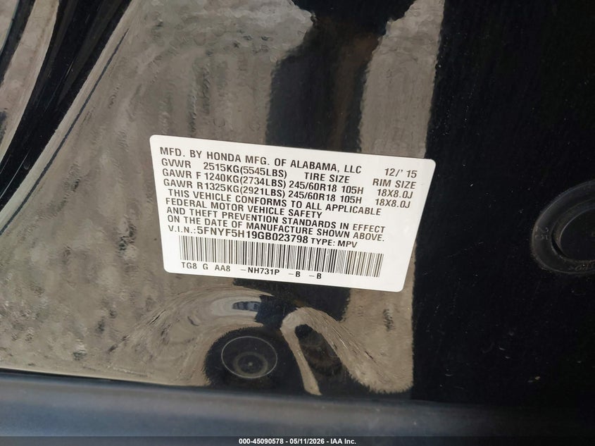 2016 Honda Pilot VIN 5FNYF5H19GB023798 IAAI salvage auction — LEFT FRONT, Salvage (California), sold $2,400 on 2026-07-09 (photo 9)