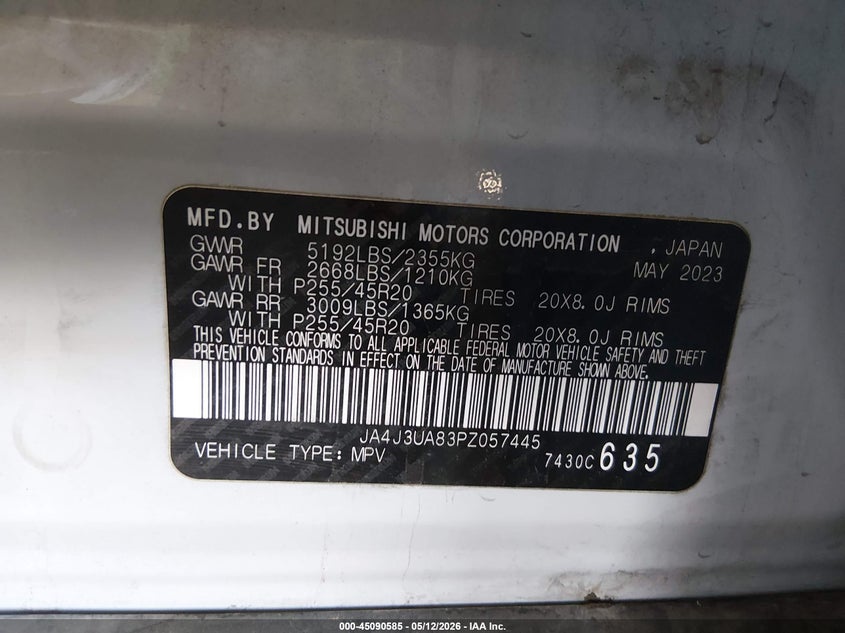 2023 Mitsubishi Outlander VIN JA4J3UA83PZ057445 IAAI salvage auction — REAR END, Salvage (Arizona), sold $8,000 on 2026-07-14 (photo 9)
