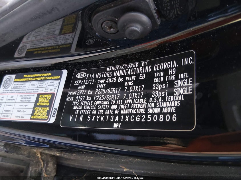 2012 Kia Sorento VIN 5XYKT3A1XCG250806 IAAI salvage auction — FRONT END, Salvage (Mississippi), sold $25 on 2026-07-22 (photo 9)