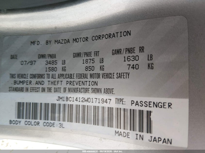 1998 Mazda Protege VIN JM1BC1412W0171947 IAAI salvage auction — NORMAL WEAR, Regular (Nevada), sold $100 on 2026-07-24 (photo 9)