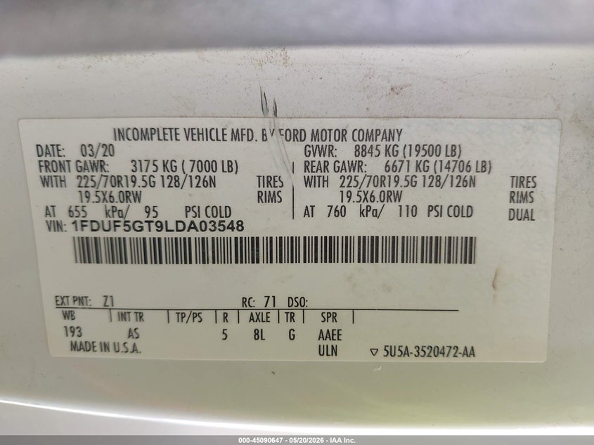 2020 Ford F550 VIN 1FDUF5GT9LDA03548 IAAI salvage auction — FRONT END, Clear (California), sold $11,100 on 2026-07-22 (photo 8)