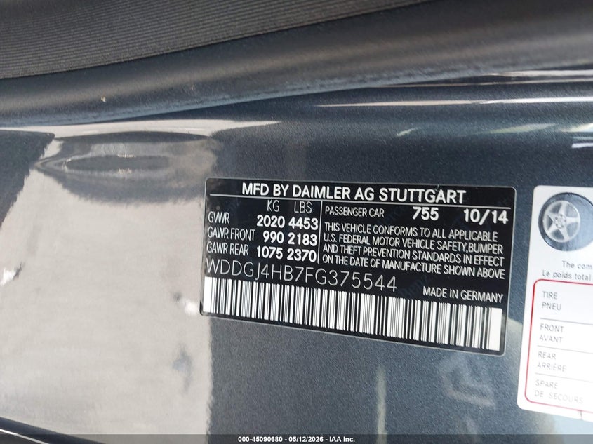 2015 Mercedes-benz C-klasse VIN WDDGJ4HB7FG375544 IAAI salvage auction — REAR END, Salvage Certificate (California), sold $3,050 on 2026-07-23 (photo 9)