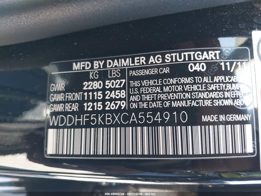 2012 Mercedes-benz E-klasse VIN WDDHF5KBXCA554910 IAAI salvage auction — FRONT END, Salvage (California), sold $825 on 2026-07-09 (photo 9)