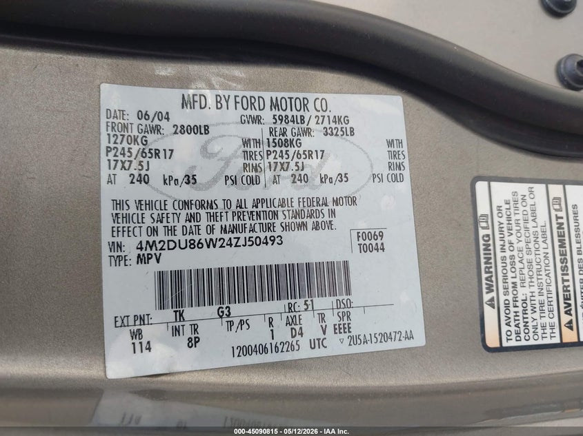 2004 Mercury Mountaineer VIN 4M2DU86W24ZJ50493 IAAI salvage auction — RIGHT FRONT, Salvage (California), sold $575 on 2026-07-27 (photo 9)