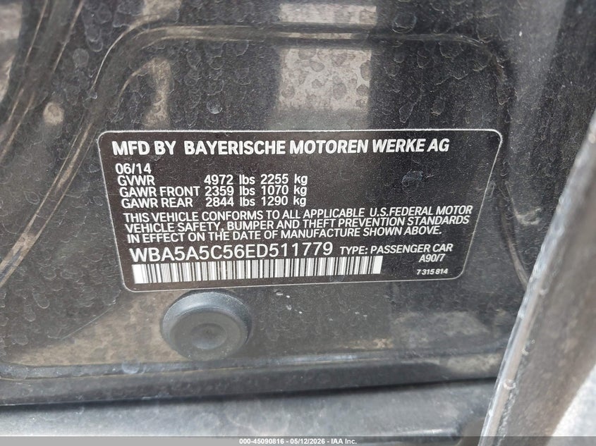 2014 BMW 5er VIN WBA5A5C56ED511779 IAAI salvage auction — FRONT END, Bill Of Sale (Washington), sold $1,425 on 2026-07-19 (photo 9)