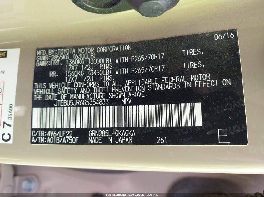 2016 Toyota 4runner VIN JTEBU5JR6G5354833 IAAI salvage auction — ROLLOVER, Non-Repairable (Arizona), sold $6,800 on 2026-07-23 (photo 9)
