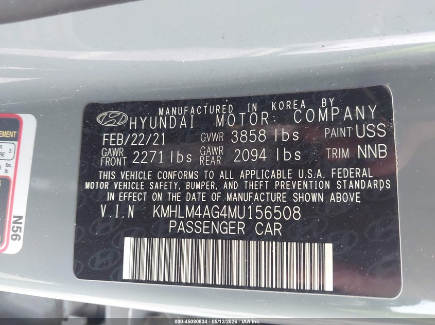 2021 Hyundai Elantra VIN KMHLM4AG4MU156508 IAAI salvage auction — FRONT END, Salvage (California), sold $4,925 on 2026-07-08 (photo 9)